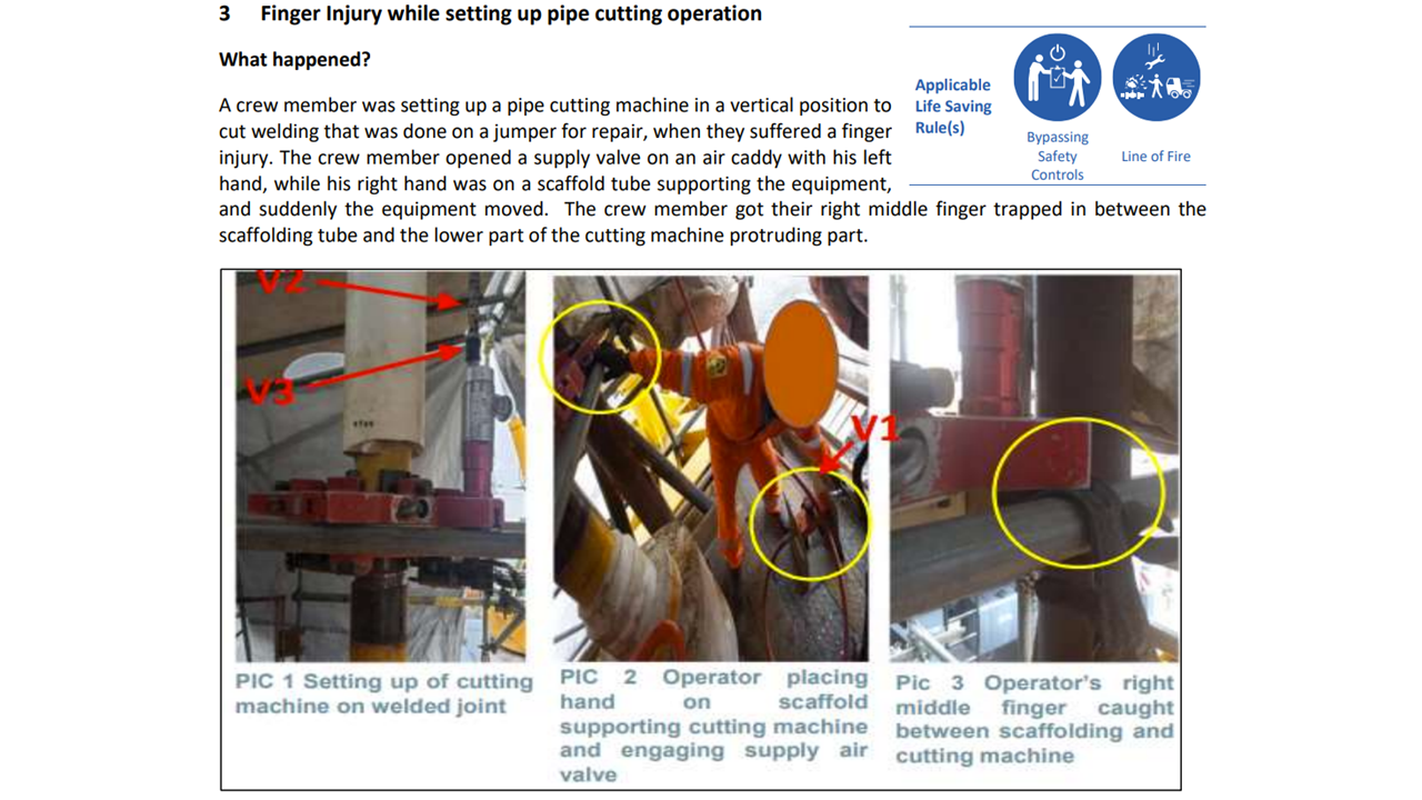 3 Finger Injury while setting up pipe cutting operation
