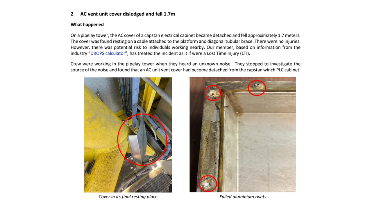 AC vent unit cover dislodged and fell 1 7m