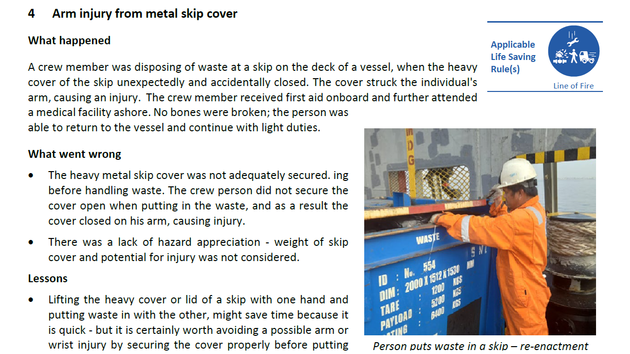 Arm injury from metal skip cover