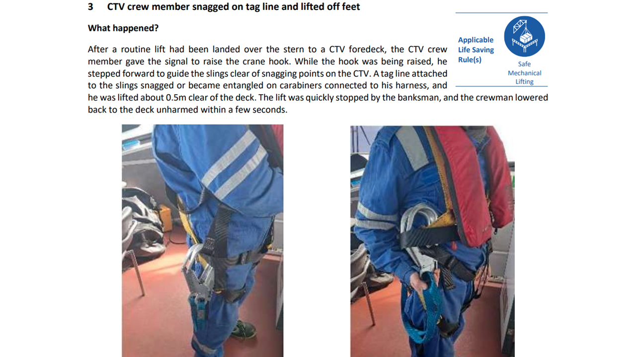 CTV crew member snagged on tag line and lifted off feet