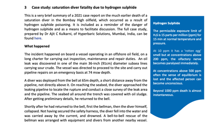 Case study saturation diver fatality due to hydrogen sulphide