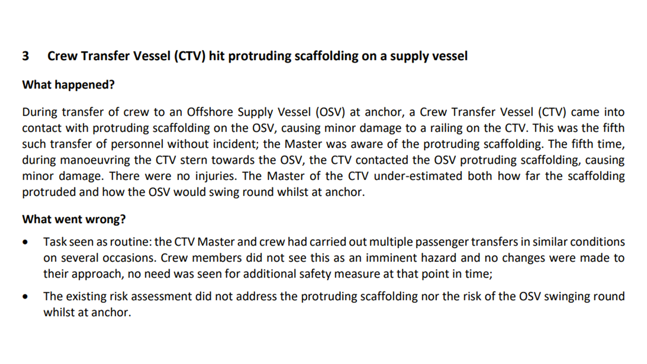 Crew Transfer Vessel CTV hit protruding scaffolding on a supply vessel