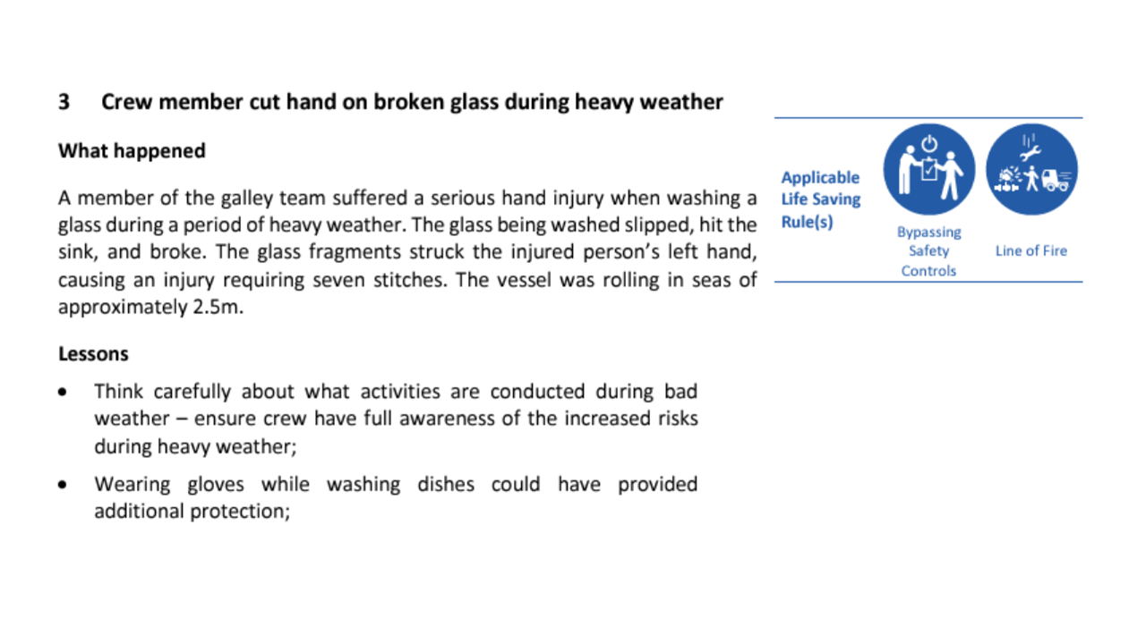 Crew member cut hand on broken glass during heavy weather