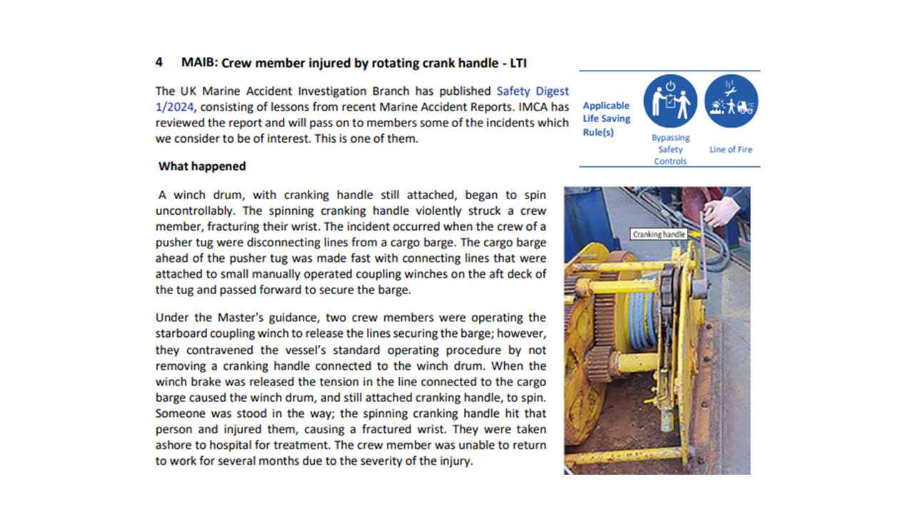Crew member injured by rotating crank handle