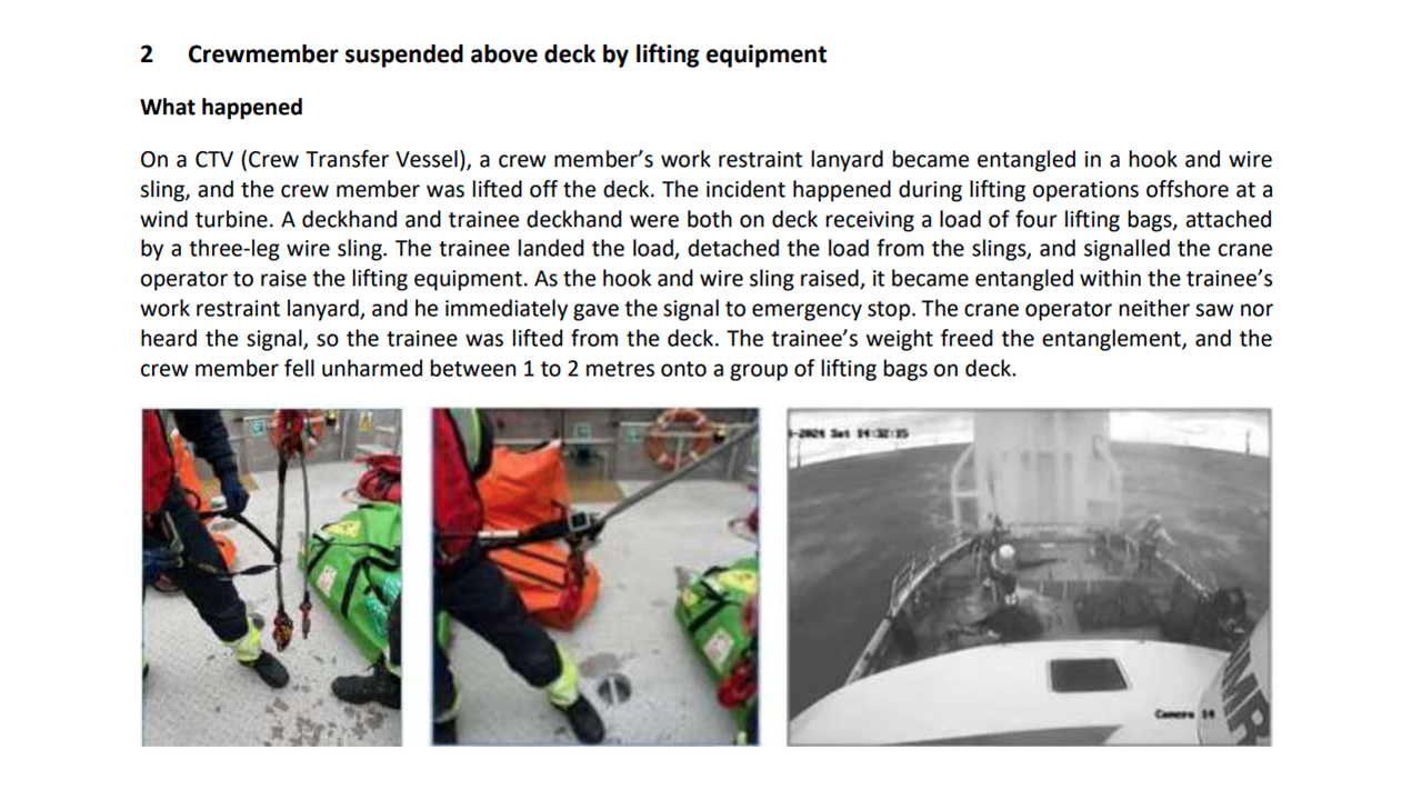 Crewmember suspended above deck by lifting equipment