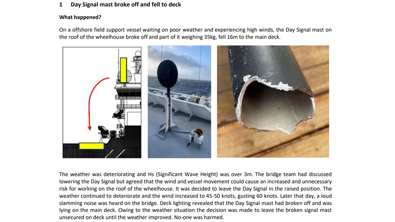 Day Signal mast broke off and fell to deck