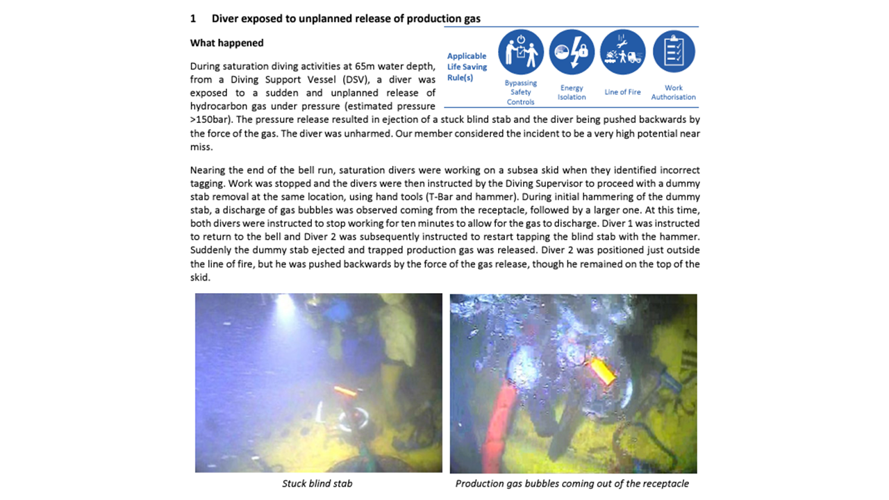 Diver exposed to unplanned release of production gas