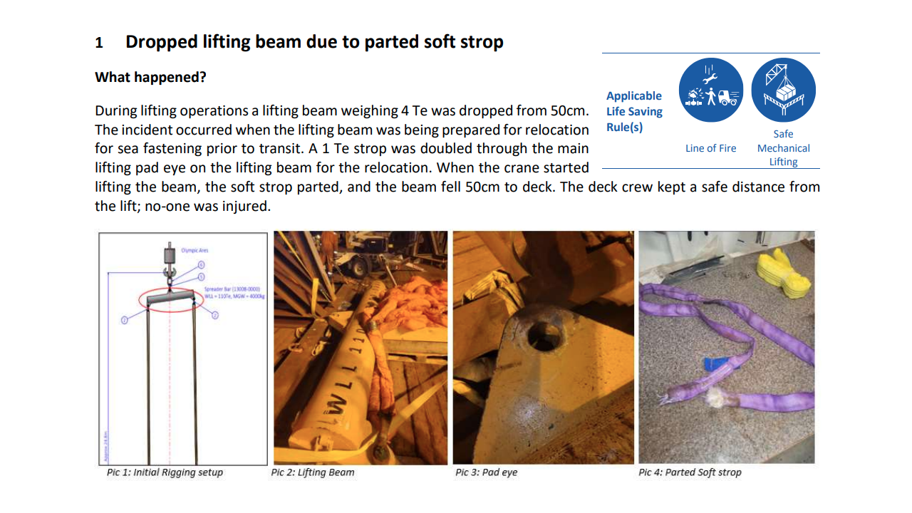 Dropped lifting beam due to parted soft strop
