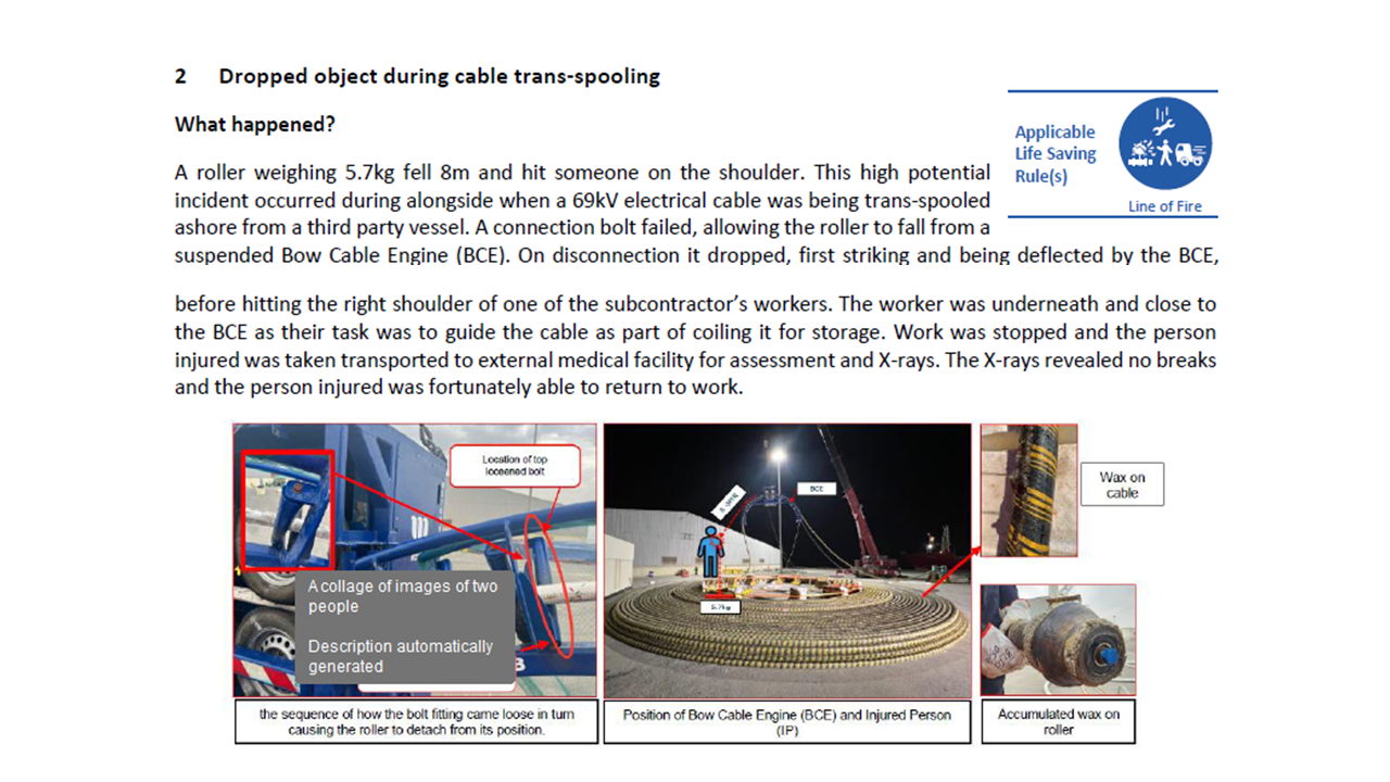 Dropped object during cable trans spooling
