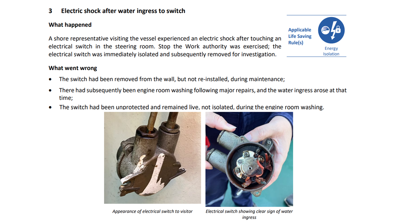 Electric shock after water ingress to switch