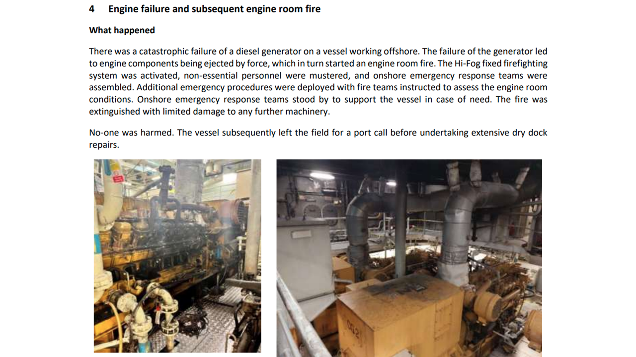 Engine failure and subsequent engine room fire