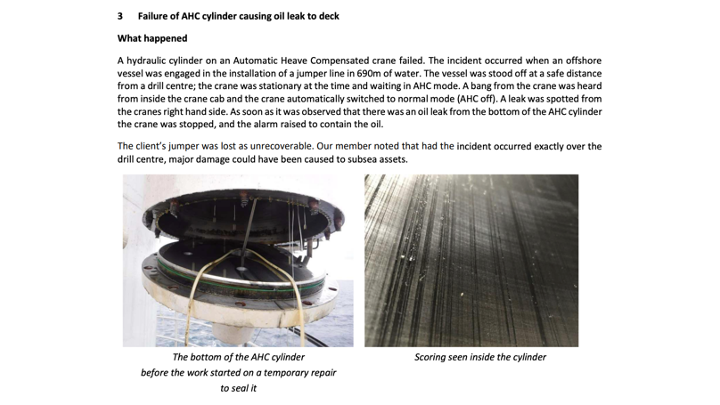 Failure of AHC cylinder causing oil leak to deck