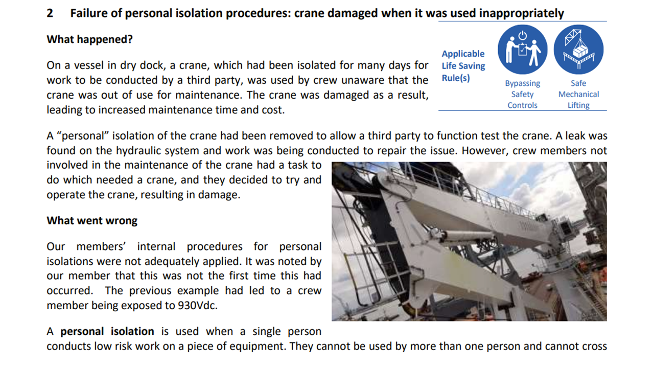 Failure of personal isolation procedures crane damaged when it was used inappropriately