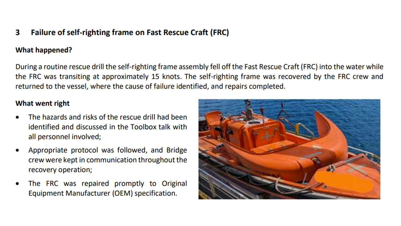 Failure of self righting frame on Fast Rescue Craft FRC