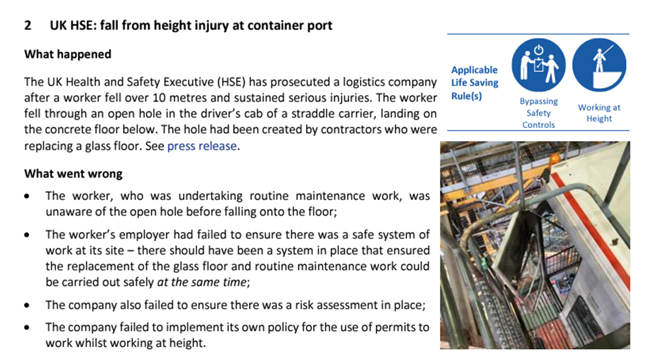 Fall from height injury at container port