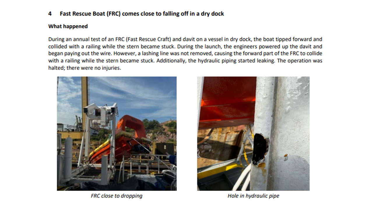 Fast Rescue Boat FRC comes close to falling off in a dry dock