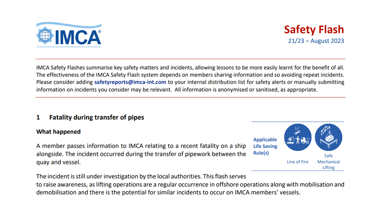 Fatality during transfer of pipes