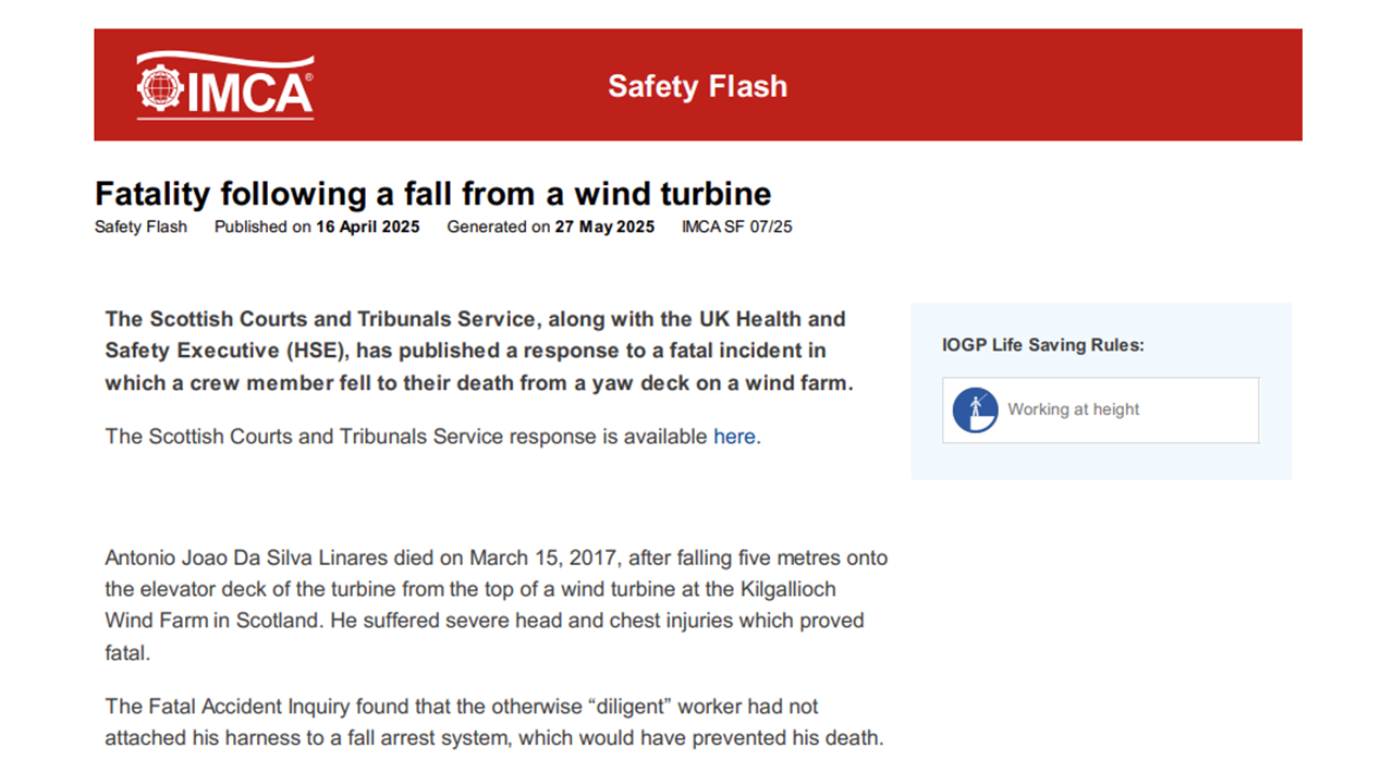 Fatality following a fall from a wind turbine