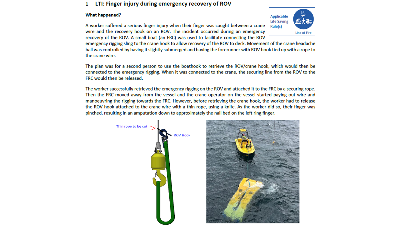 Finger injury during emergency recovery of ROV