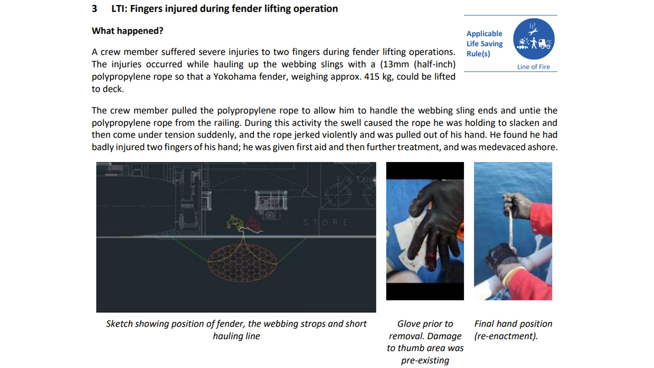 Fingers injured during fender lifting operation