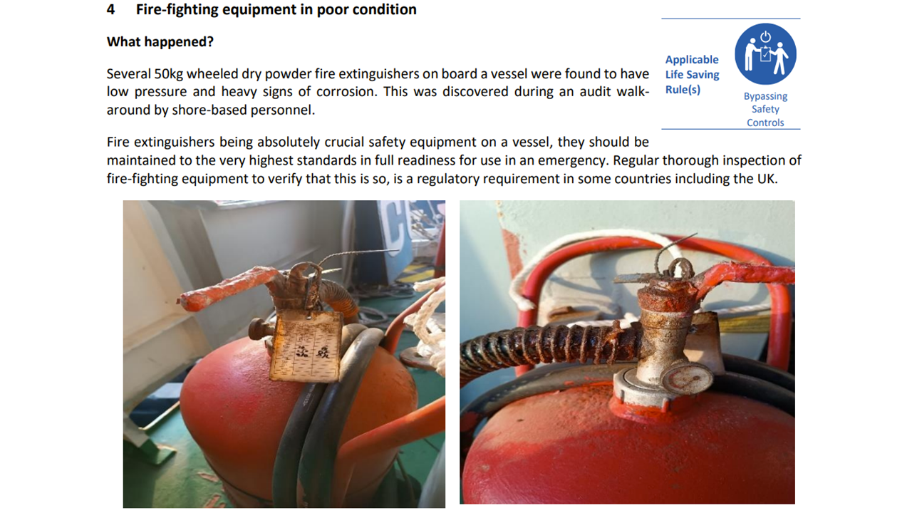 Fire fighting equipment in poor condition