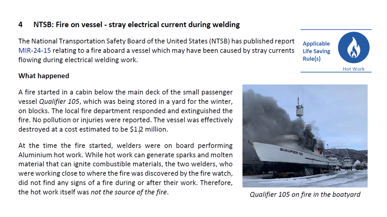 Fire on vessel stray electrical current during welding