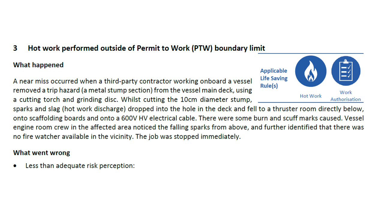 Hot work performed outside of Permit to Work PTW boundary limit