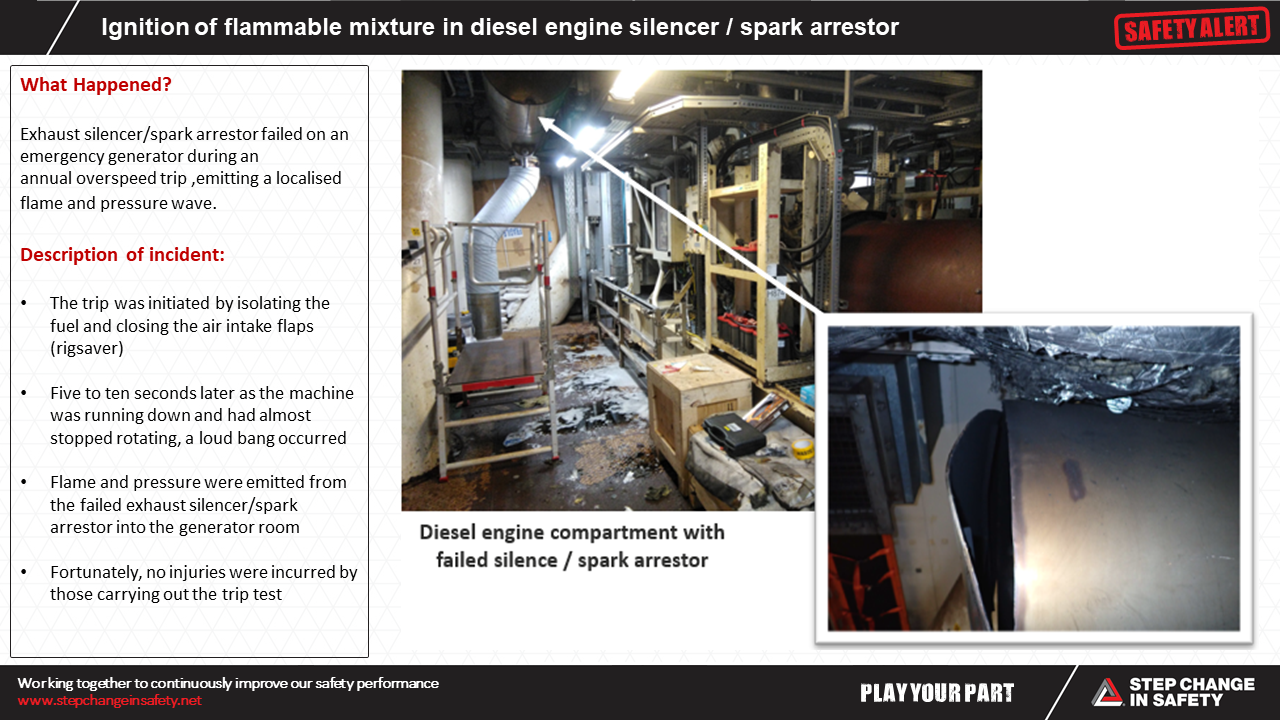 Ignition of flammable mixture in diesel engine silencer spark arrestor