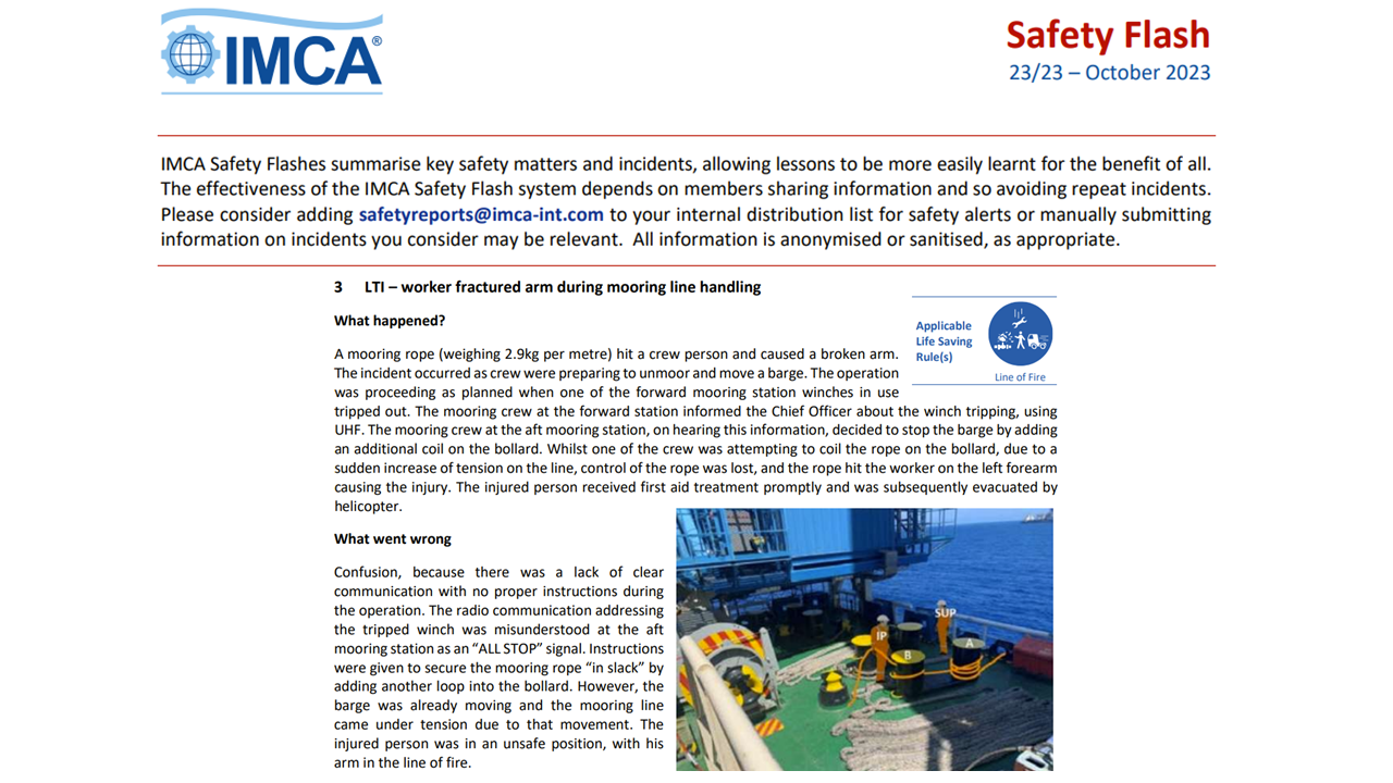 LTI worker fractured arm during mooring line handling
