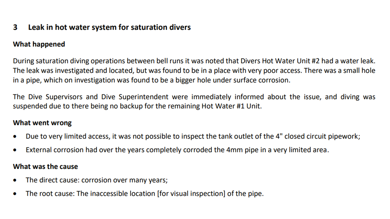 Leak in hot water system for saturation divers