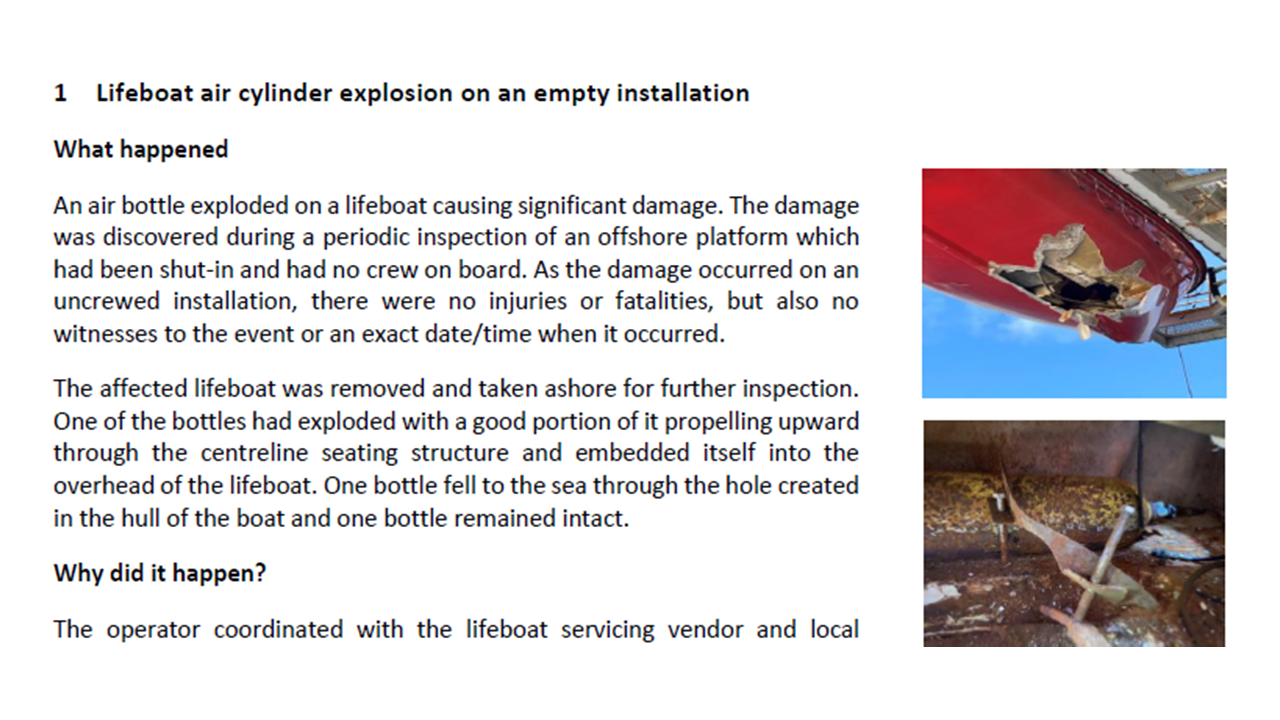 Lifeboat air cylinder explosion on an empty installation
