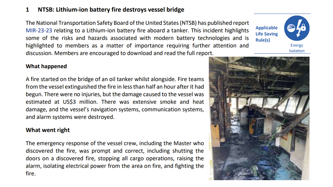 Lithium ion battery fire destroys vessel bridge