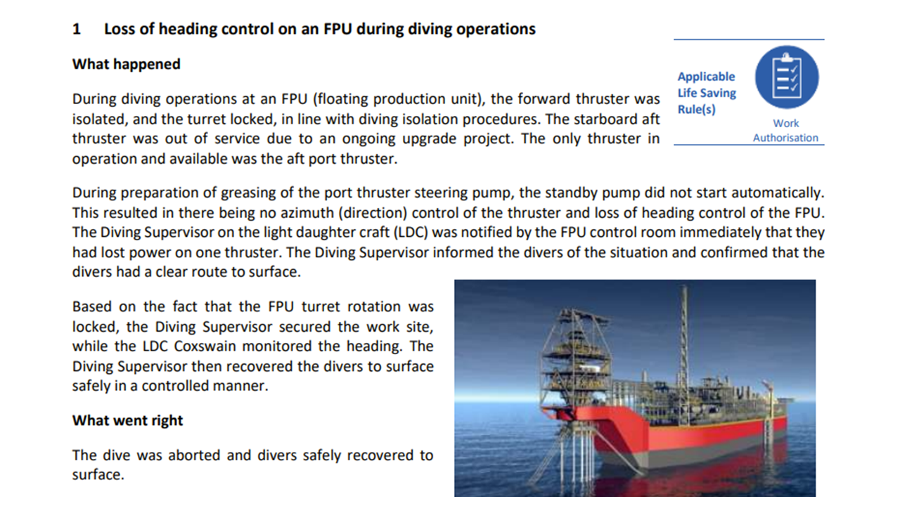 Loss of heading control on an FPU during diving operations