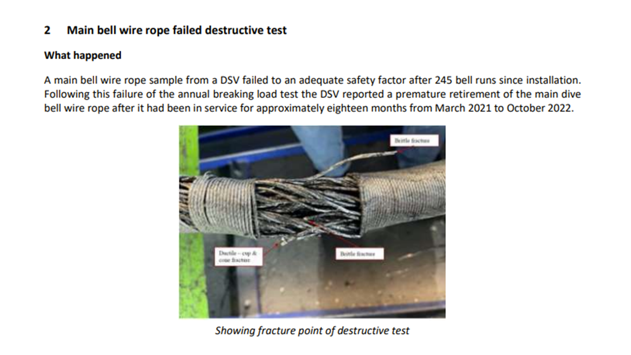 Main bell wire rope failed destructive test