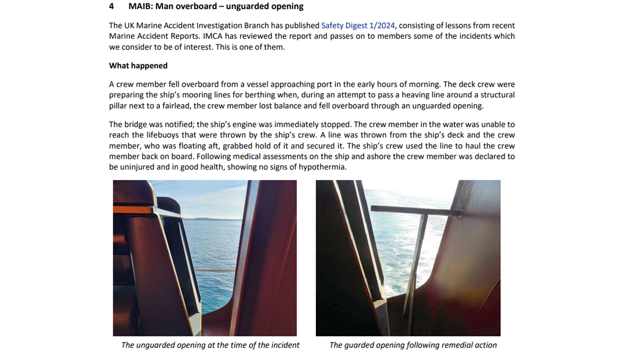 Man overboard unguarded opening