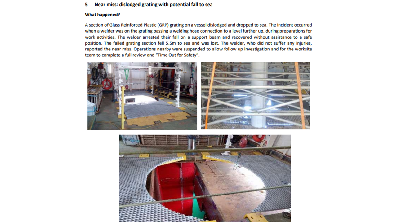 Near miss dislodged grating with potential fall to sea