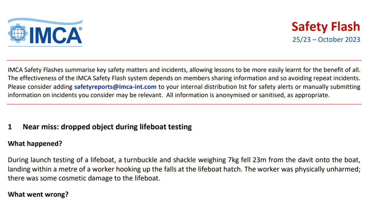 Near miss dropped object during lifeboat testing