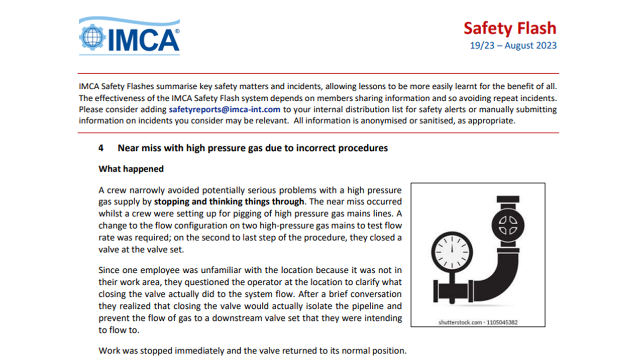 Near miss with high pressure gas due to incorrect procedures