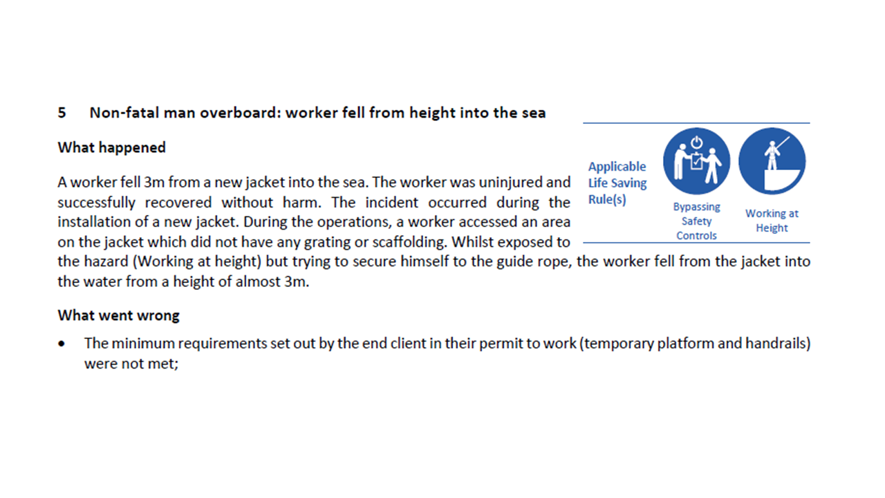 Non fatal man overboard worker fell from height into the sea