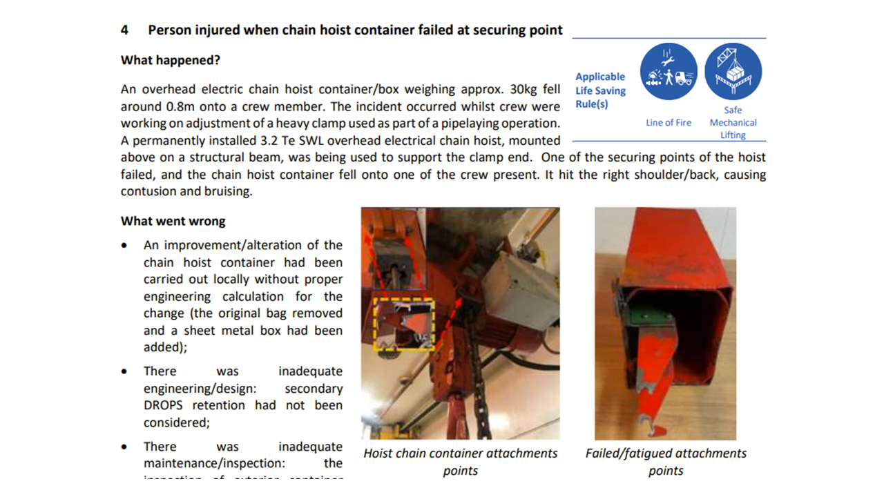 Person injured when chain hoist container failed at securing point