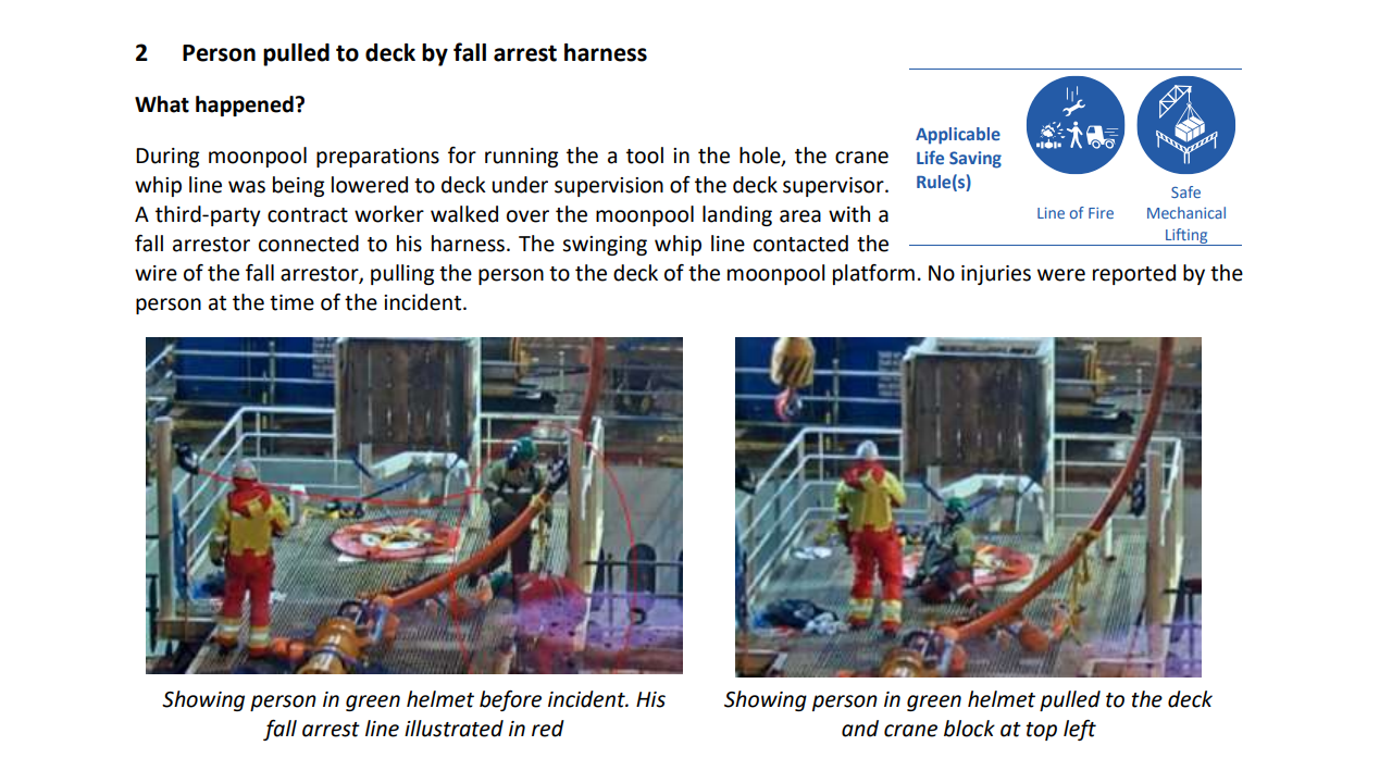 Person pulled to deck by fall arrest harness