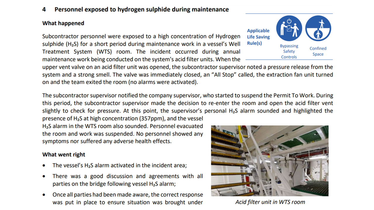 Personnel exposed to hydrogen sulphide during maintenance
