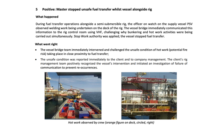 Positive Master stopped unsafe fuel transfer whilst vessel alongside rig