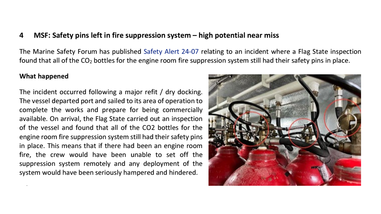 Safety pins left in fire suppression system high potential near miss