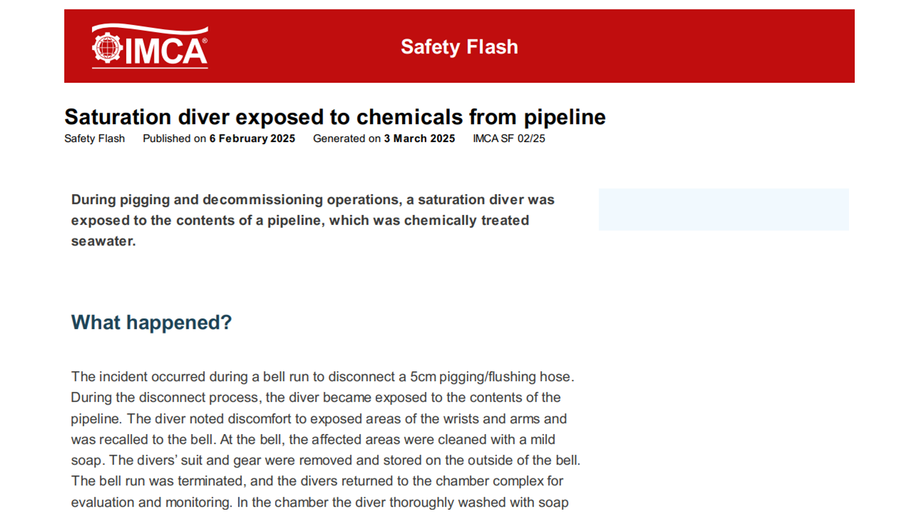 Saturation diver exposed to chemicals from pipeline