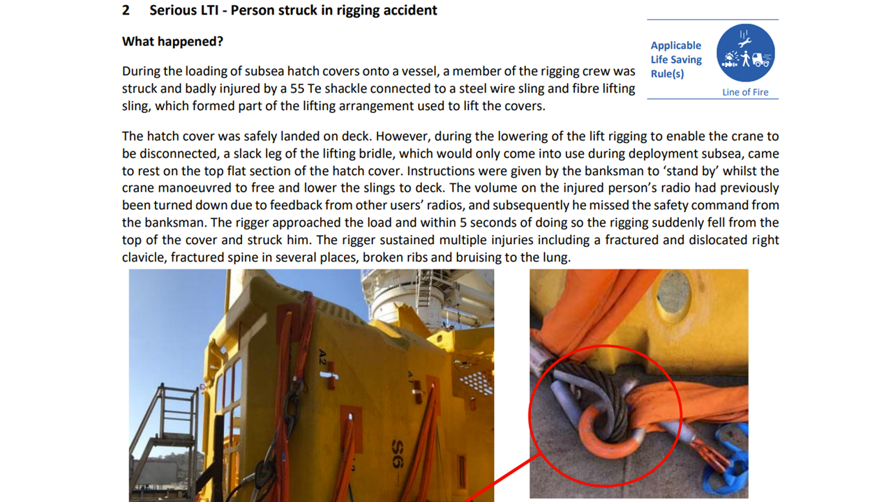 Serious LTI Person struck in rigging accident