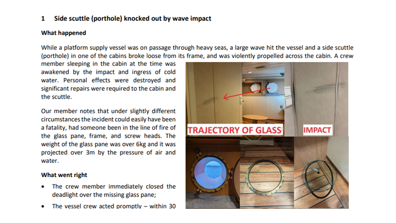 Side scuttle porthole knocked out by wave impact