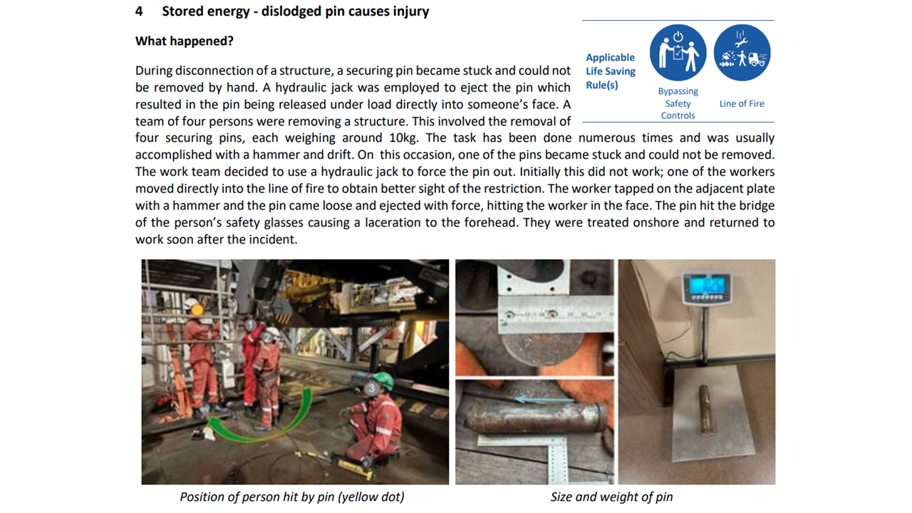 Stored energy dislodged pin causes injury