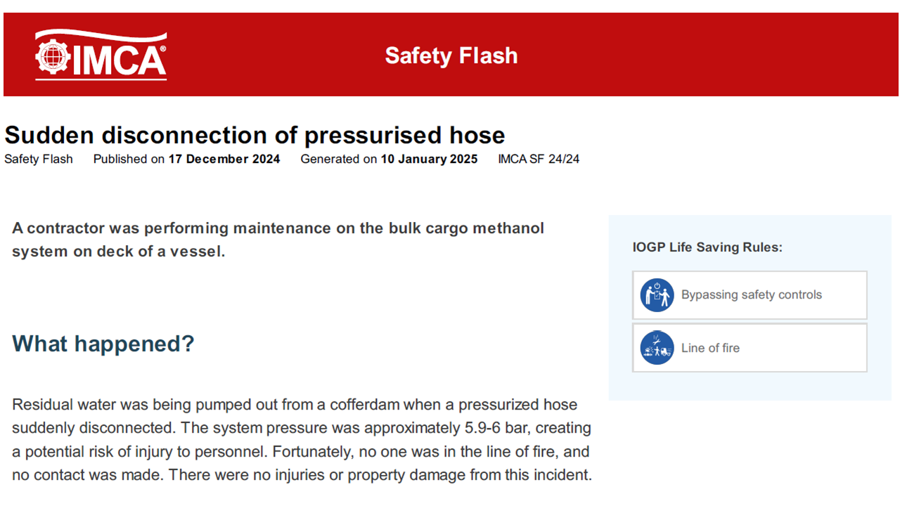 Sudden disconnection of pressurised hose