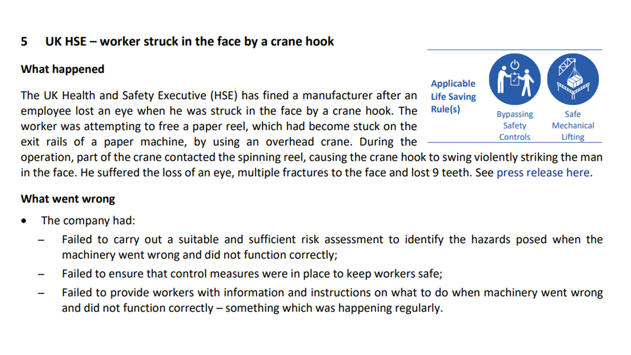 UK HSE worker struck in the face by a crane hook